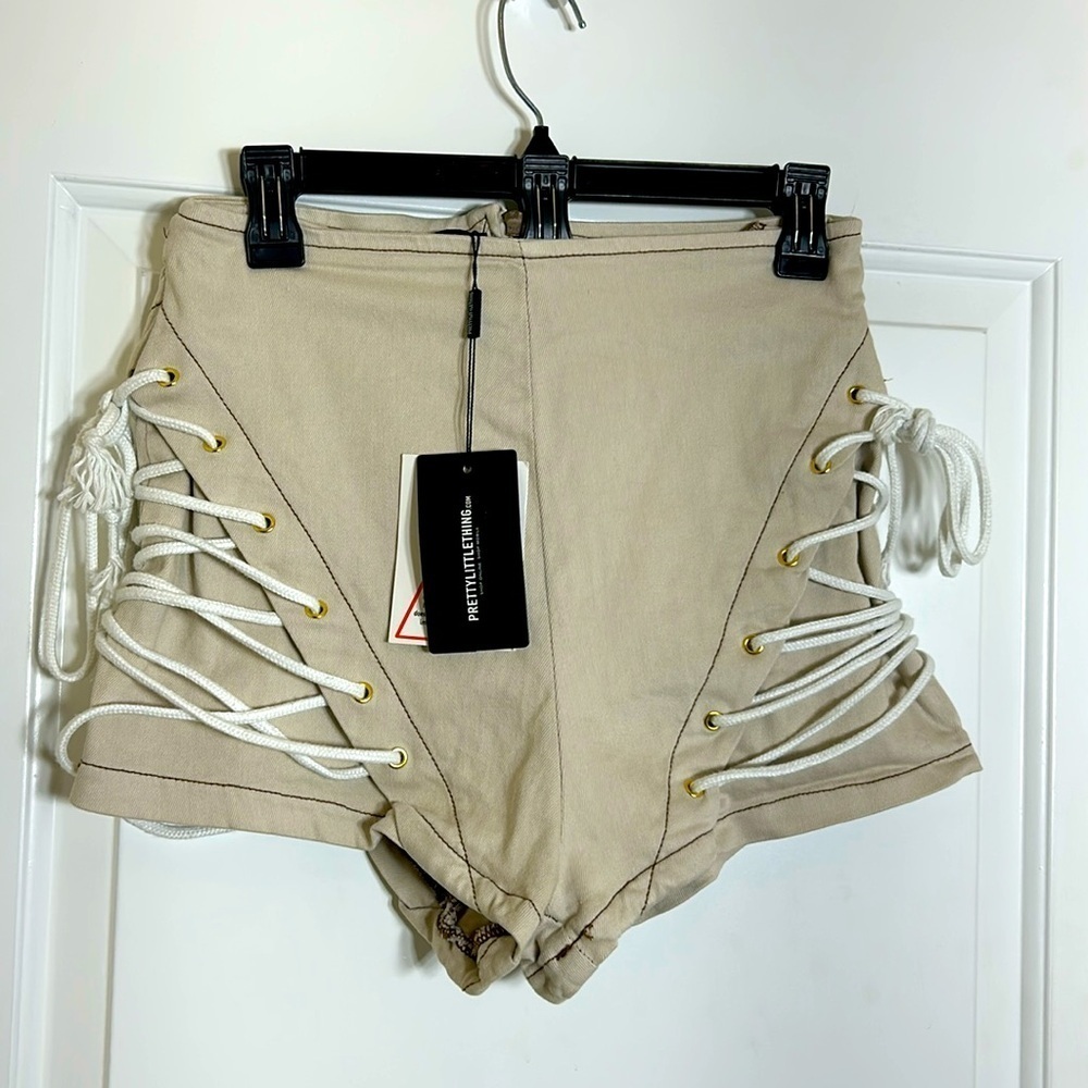 PrettyLittleThing Shape Ecru Lace Up Side Denim Shorts NWT